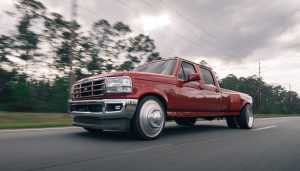 Large red moving pick-up truck